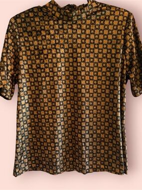 NWT Vintage Caché Bronze Metallic Studded Mock Neck Top Geometric Print